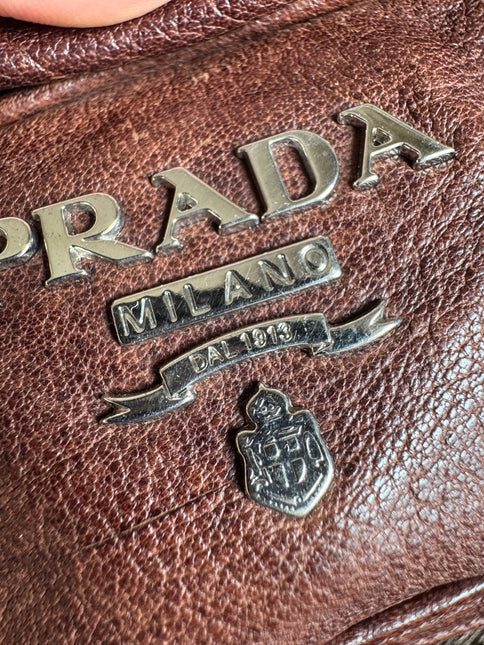 Prada Large Brown Washed Top Handle Bauletto Bag Calfksin Leather
