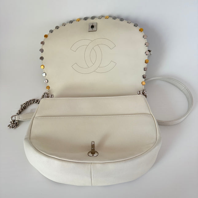 Chanel White Calfskin Leather Embellished Flap Saddle Bag, 2018-19