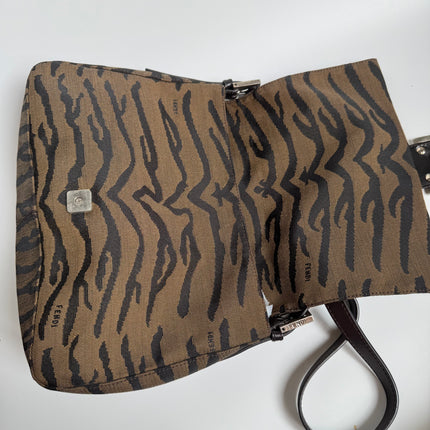 Fendi Mamma Baguette Brown Zebra Print Canvas Shoulder Bag