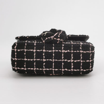 Chanel Mini Rectangular Tweed Flap Bag Black Pink Camellia Single Chain Crossbody