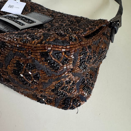 Fendi Mini Mamma Baguette Brown Glitter Beads Floral Embroidery