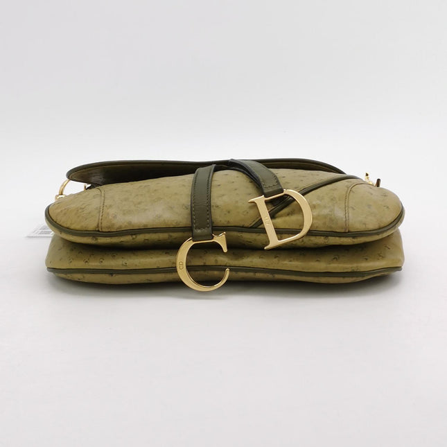 Dior Vintage Double Saddle Green Ostrich Leather Gold Hardware