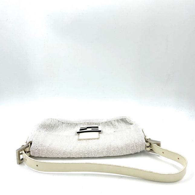 Fendi Baguette Vintage White Glitter Beads Brown Leather