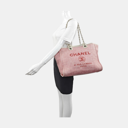 Chanel Deauville Tote Medium Pink Denim White Leather Top Handle