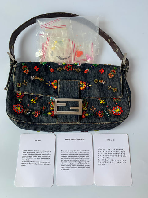 Sold FENDI Baguette Blue Denim with beaded Flower Embroidery