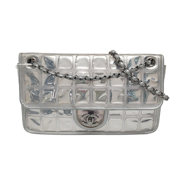 Chanel Ice Cube Chocolate Bar Classic Flap Metallic Silver PVC with Leather