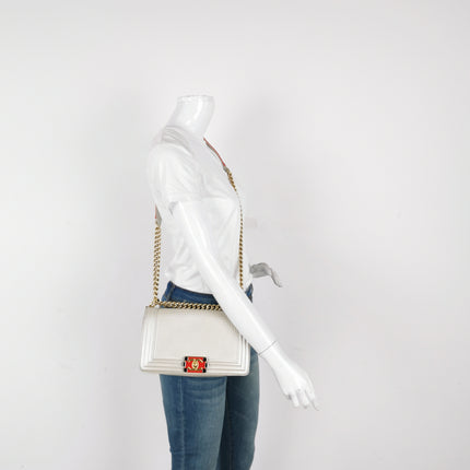 Chanel Le Boy Medium White Pearlescent Waffle Lambskin Leather Red Lock 2013-2014