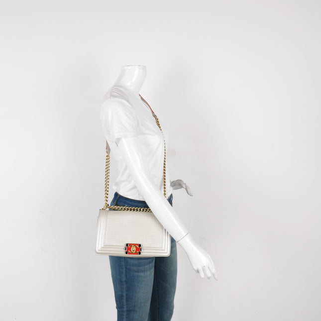 Chanel Le Boy Medium White Pearlescent Waffle Lambskin Leather Red Lock 2013-2014