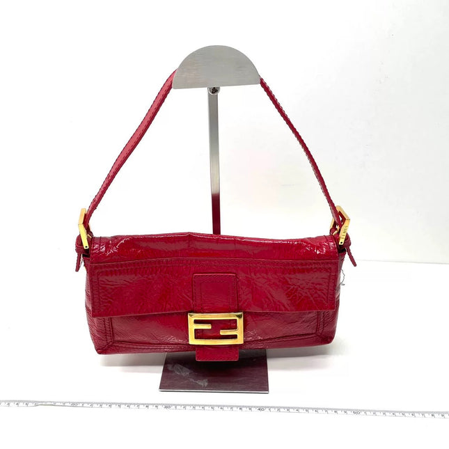 FENDI Baguette Red Crinkled Patent Leather Shoulder Bag