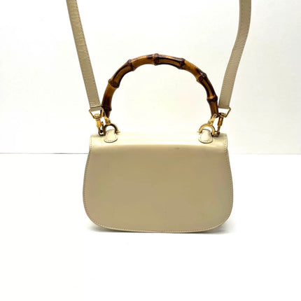 Gucci Bamboo 1947 Vintage Small White Box Leather Top Handle and Leather Strap Bag