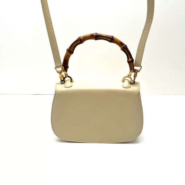Gucci Bamboo 1947 Vintage Small White Box Leather Top Handle and Leather Strap Bag