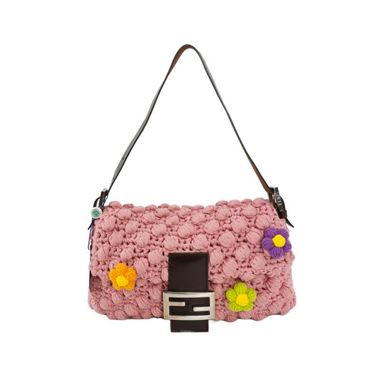 Fendi Baguette Bag Pink Crochet Knit Wool Pompom and Flowers Shoulder Bag-Luxbags