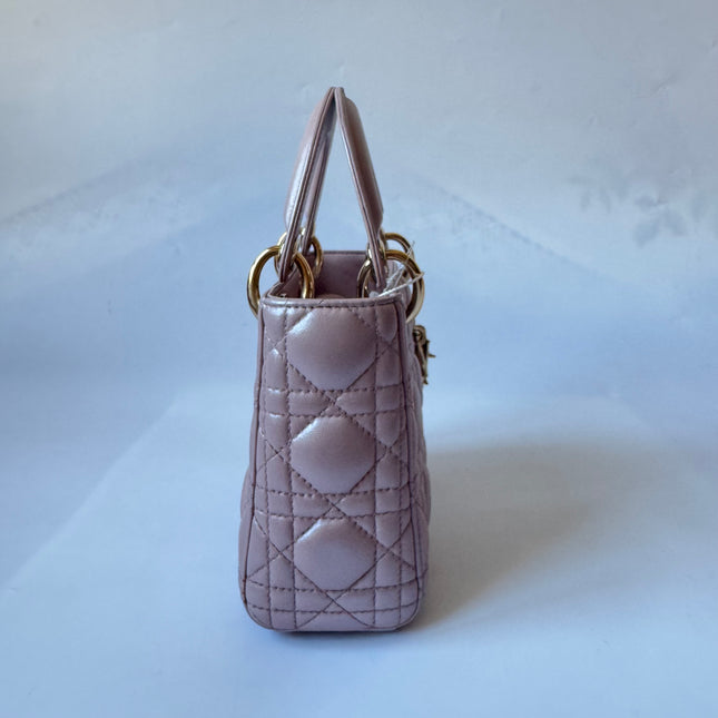 Lady Dior Mini Pearlescent Pink Lambskin Leather Gold HW Chain Strap