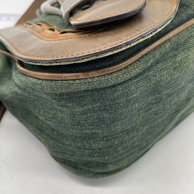 Dior Vintage Gaucho Mini Green Denim Brown Leather Crossbody Bag 2006