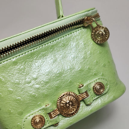 Versace Vintage Logo Sun Vanity Bag Green Calfskin Leather Gold Hardware