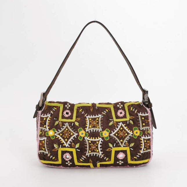 Fendi Baguette Vintage Brown Canvas with embroidery sequins mirrors and tassels