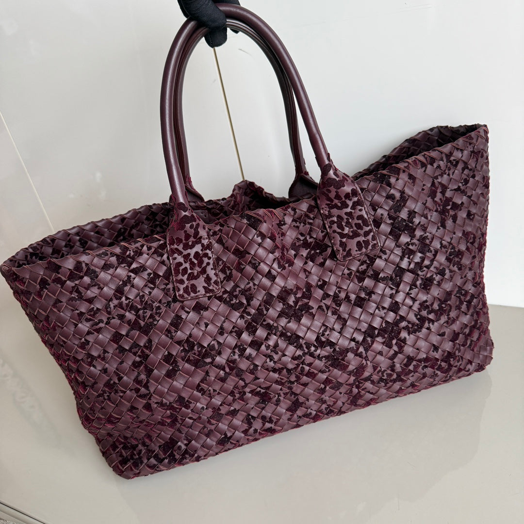 Bottega Veneta Cabat Large Intreccio Burgundy Leather and Velvet 40cm-Luxbags