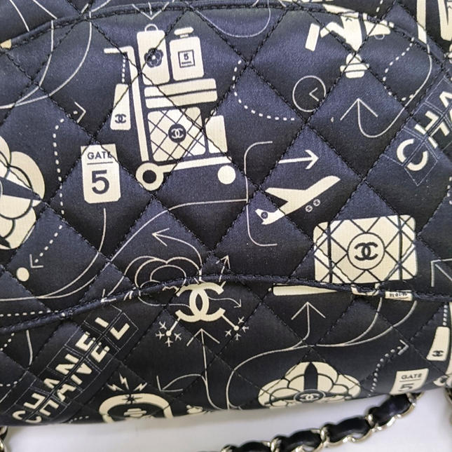 Chanel Satin Airline Printed Medium Double Flap Bag Black and White