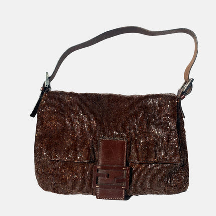 Fendi Mamma Baguette Brown Beaded Shoulder Bag-Luxbags