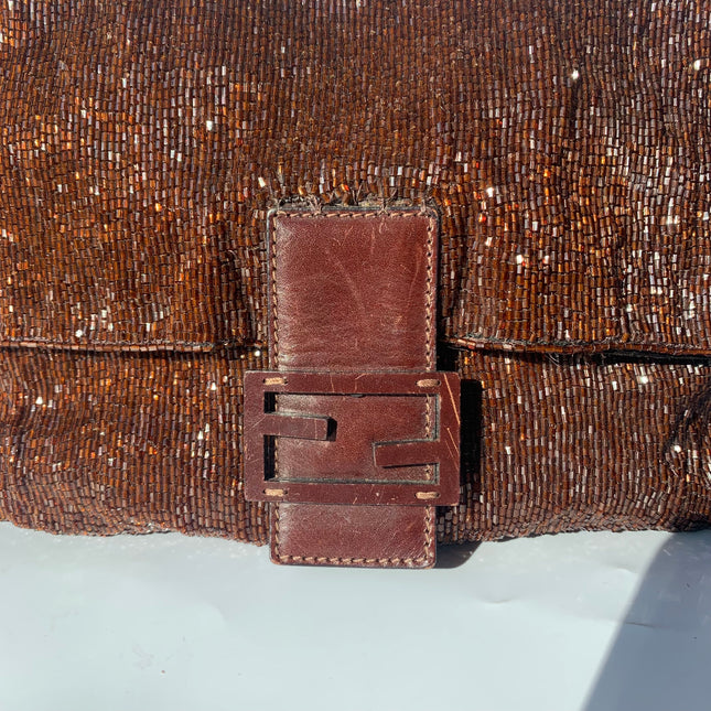Sold Fendi Mamma Baguette Brown Beaded Shoulder Bag