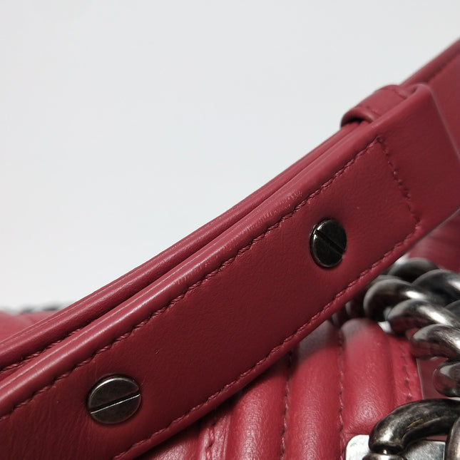 Chanel Le Boy Medium Bag Burgundy Lambskin Leather Silver Antiqued Hardware