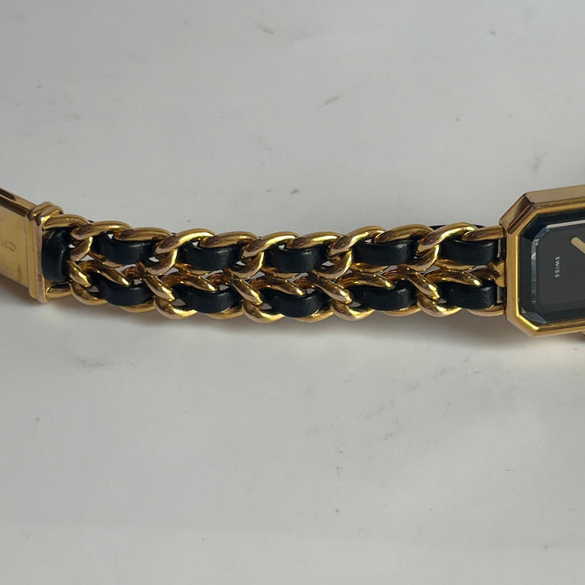 CHANEL 1987 Vintage PREMIERE Watch L Black Leather and 24KT Yellow Gold Plated