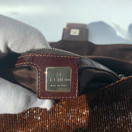 Sold Fendi Mamma Baguette Brown Beaded Shoulder Bag