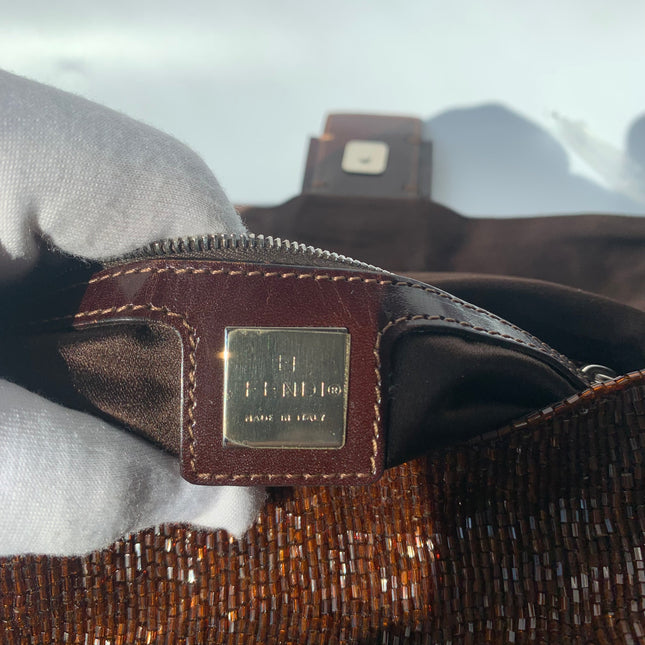 Sold Fendi Mamma Baguette Brown Beaded Shoulder Bag