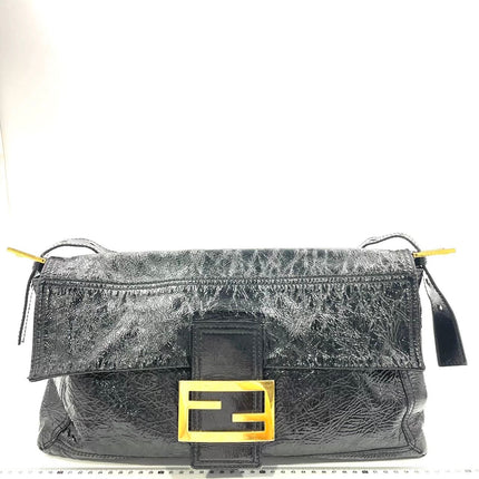 FENDI Baguette Large Black Crinkled Patent Leather Shoulder Bag