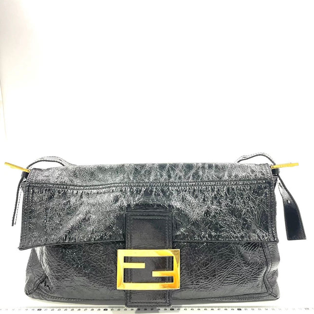 FENDI Baguette Large Black Crinkled Patent Leather Shoulder Bag