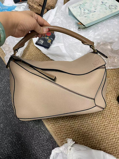Loewe Puzzle Medium Sand Beige Calfskin Leather Bag Brown Strap