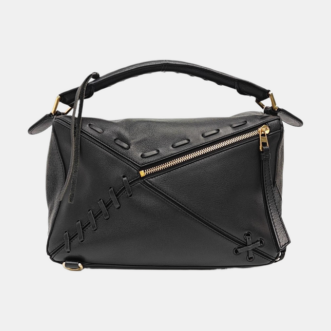 Loewe Puzzle Medium Black Whipstitch Leather Crossbody Bag