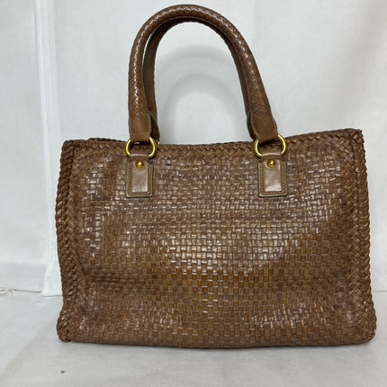 Prada Madras Brown Woven Leather Top Handle Shopping Tote