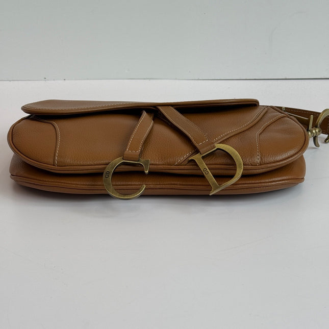 Dior Vintage Double Saddle Brown Leather Gold-tone Hardware