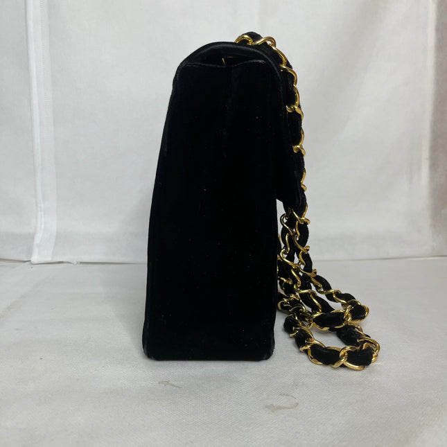 Chanel Classic Flap Maxi Black Velvet Leather Giant Gold CC Logo