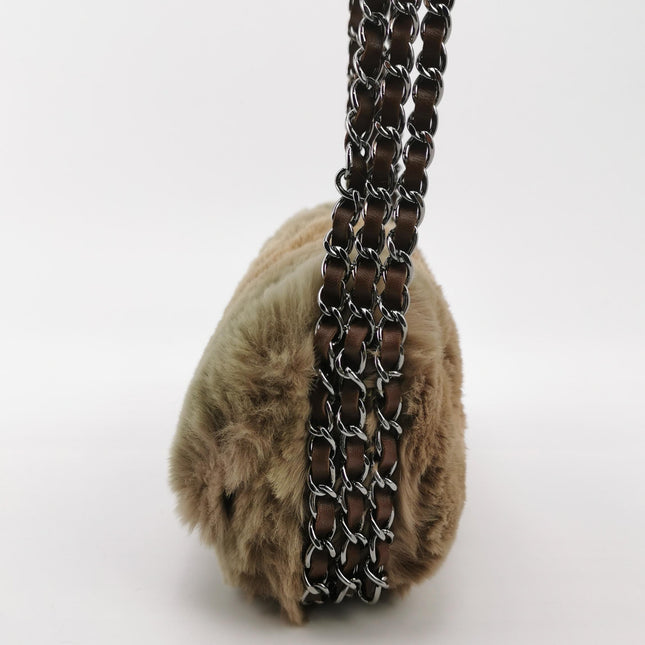 Chanel Fur Flap Bag Brown Grey Chincilla Bag Multi-Layer Chain