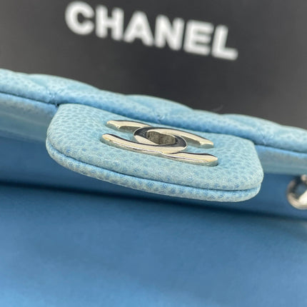 Chanel Timeless Classic Flap Medium Light Blue Caviar Leather Silver Hardware