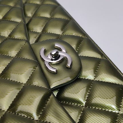Chanel Classic Flap Maxi Metallic Green Patent Leather Double Flap Sliver Hardware 2012