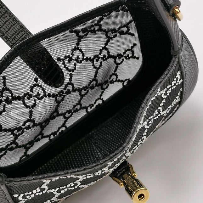 Gucci Jackie 1961 Mini Black Lizard Skin Mesh with Crystals Chain Strap