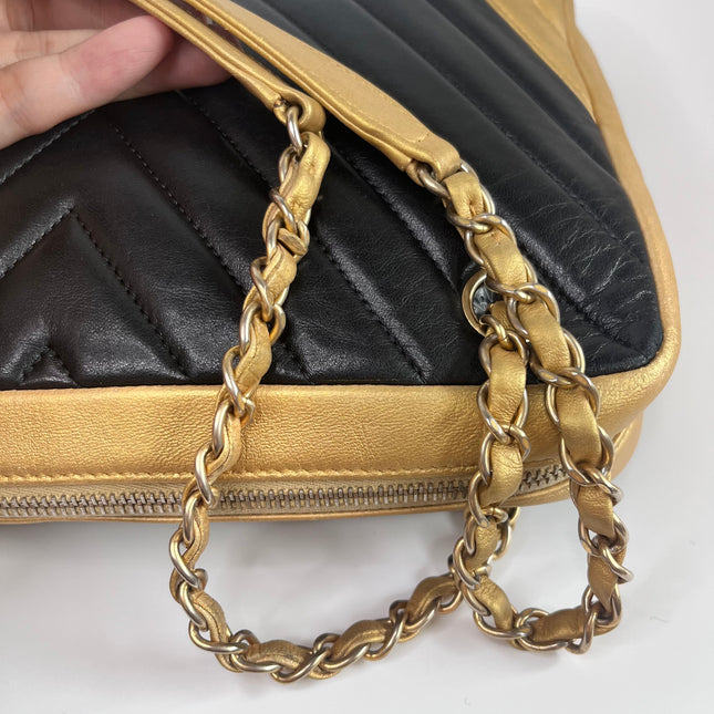Sold Chanel Chevron Black and Gold Shoulder Bag