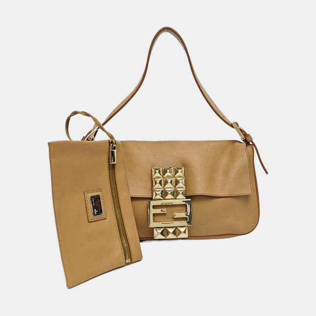 Fendi Baguette Beige Leather with Gold Studded Metal Buckle