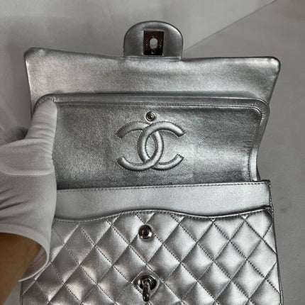 Chanel Classic Flap Medium Silver Lambskin Leather Silver Hardware