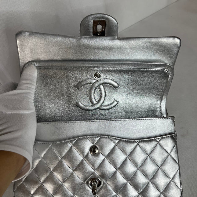 Chanel Classic Flap Medium Silver Lambskin Leather Silver Hardware