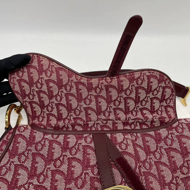 Dior Saddle Vintage Medium Red Burgundy Monogram Oblique Shoulder Bag 2002