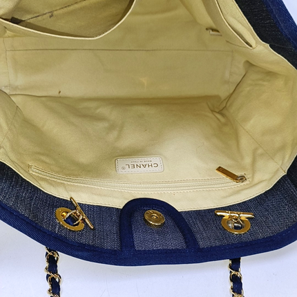 Chanel Deauville Tote Navy Denim Cloth Leather Chain Strap Gold Hardware Medium 30cm