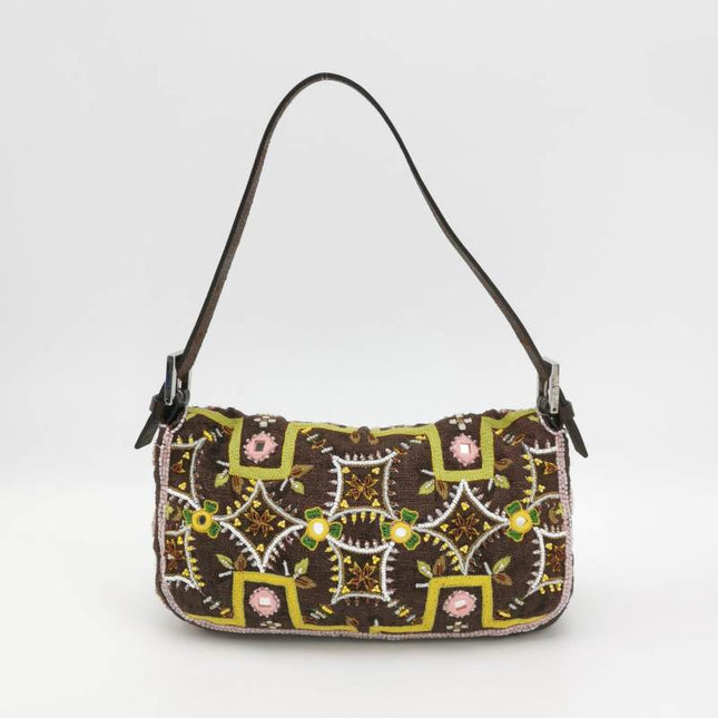 Fendi Baguette Vintage Brown Canvas with embroidery sequins mirrors and tassels