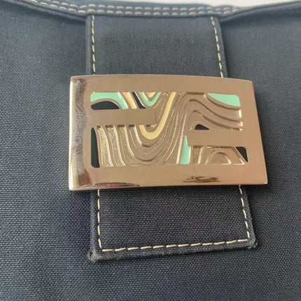 FENDI Baguette Blue Denim Navy Shoulder Bag with Enamel Buckle
