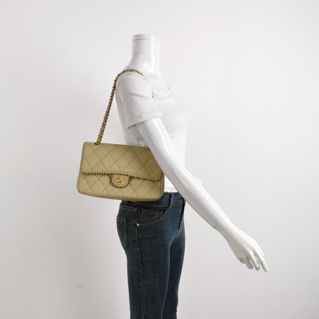 Sold Chanel Classic Flap Medium Happy Stitch Beige Leather with Contrast Black Trim