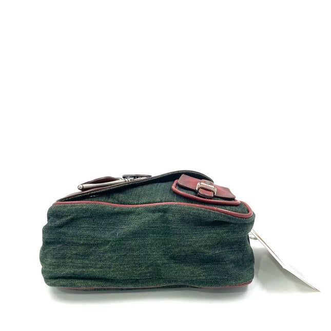 Dior Vintage Gaucho Mini Green Denim Burgundy Leather Crossbody Bag 2006