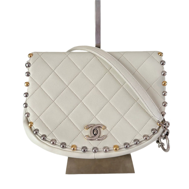 Chanel White Calfskin Leather Embellished Flap Saddle Bag, 2018-19-Luxbags